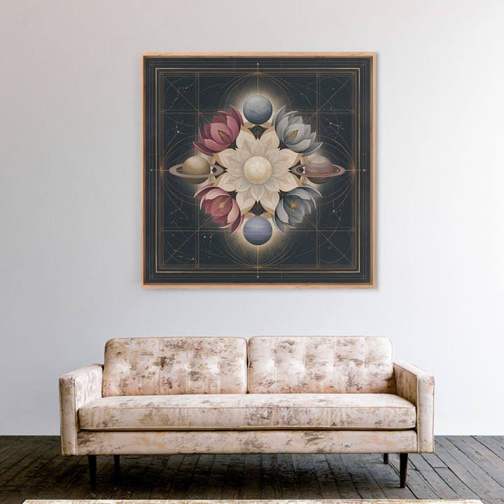 Cosmic Garden with Planets as Flowers Framed Canvas Print, Space Art, Contemporary Art, Spa Decor, Fine Art, Serenity, SAR-1x1-61