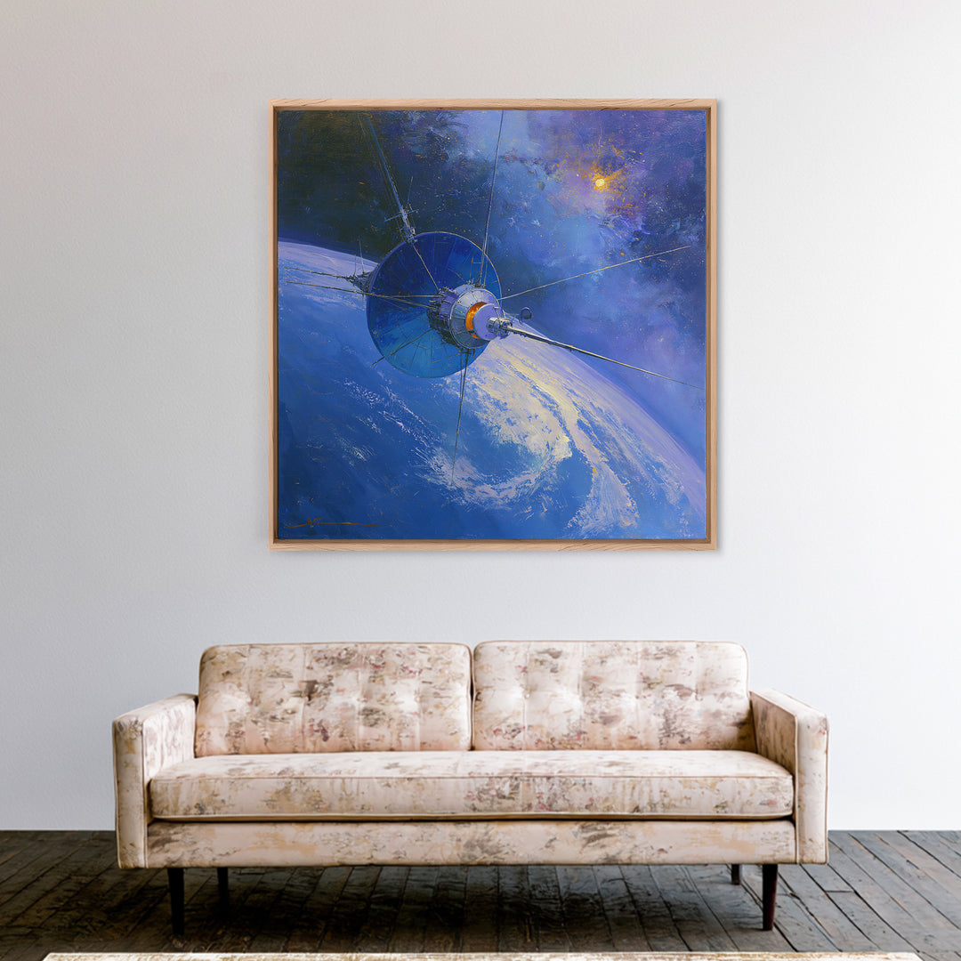 Satellite Orbiting Above Blue Planet Framed Canvas Print, Space Art, Retro Wall Art, Spa Decor, Abstract Art, Serenity, SAR-1x1-84