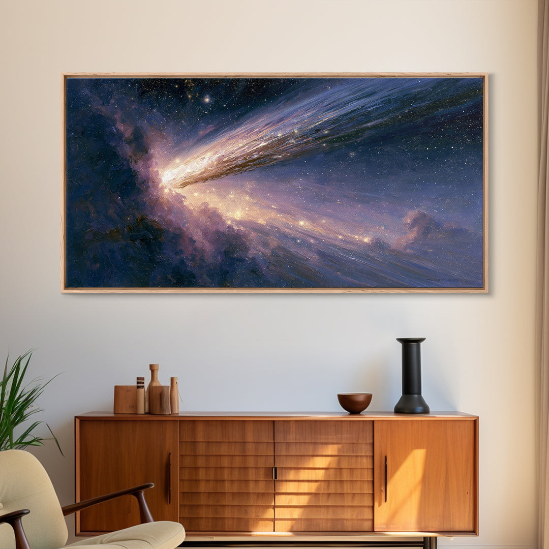Comet Streaking Through Violet Darkness Canvas Print, Space Art, Poster, Spa Decor, Abstract Art, Serenity, Oil Painting, SAR-2x1-2