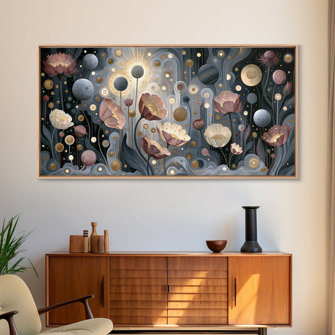 Cosmic Garden with Planets as Flowers Framed Canvas Print, Space Art, Digital Art, Spa Decor, Watercolor Art, Serenity, SAR-2x1-33