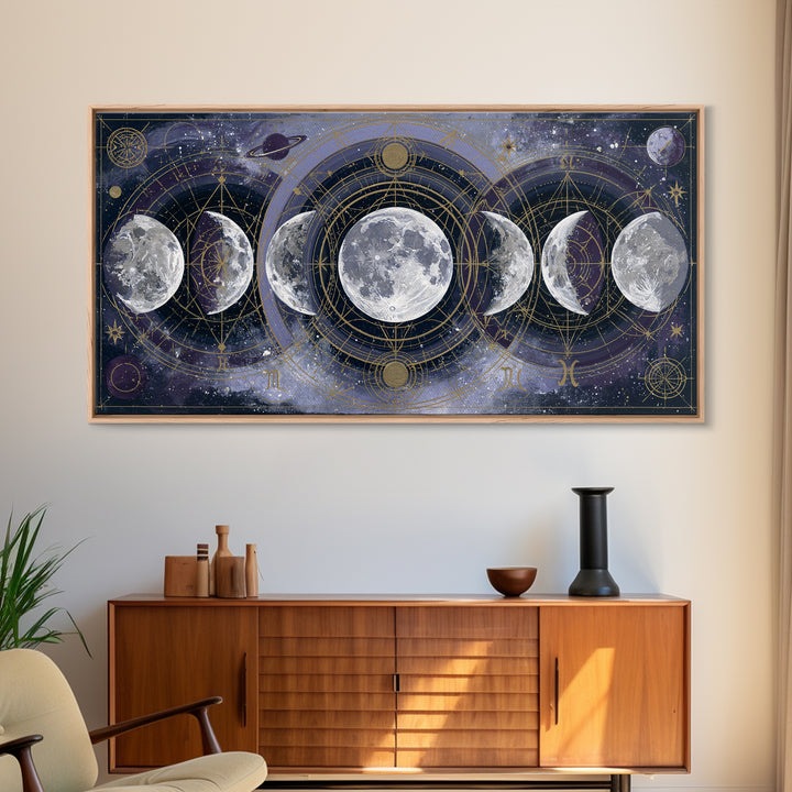 Moon Phases in Elegant Monochrome Framed Canvas Print, Space Art, Printable Wall Art, Spa Decor, Serenity, Retro Wall Art, SAR-2x1-37