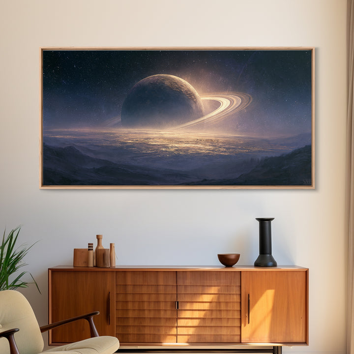 Ringed Planet Rising Framed Canvas Print, Space Art, Posters, Spa Decor, Fine Art, Serenity, Abstract Art, Printable Art, SAR-2x1-46