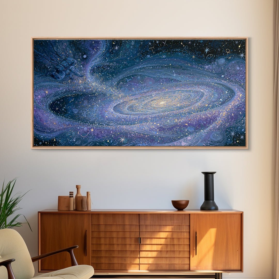 Astronaut Floating Near a Glowing Galaxy Canvas Print, Space Art, Spa Decor, Oil Painting, Serenity, Minimalist Wall Art, SAR-2x1-47