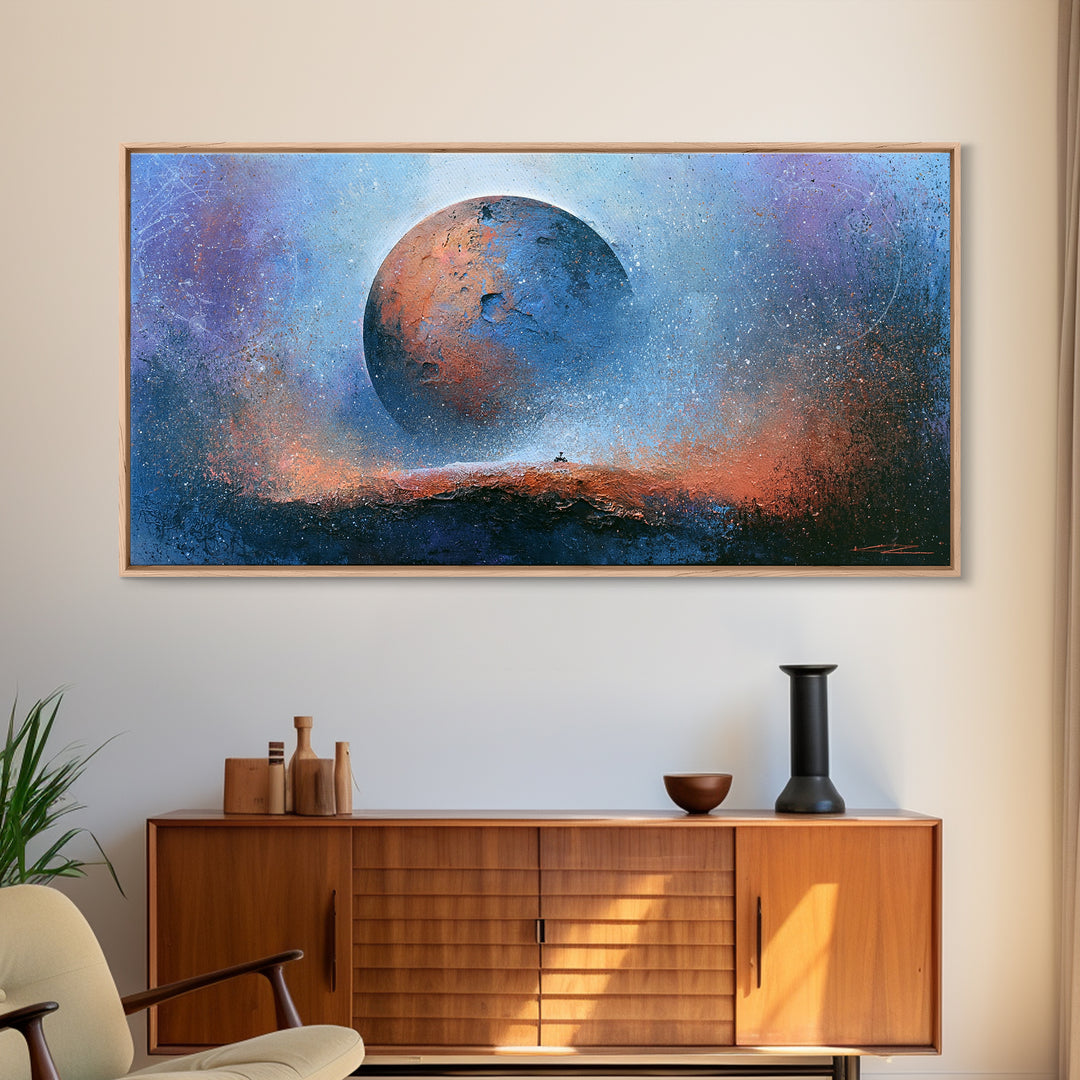 Mars Landscape with Tiny Rover Silhouette Canvas Print, Space Art, Abstract Wall Art, Spa Decor, Serenity, Fine Art Print, SAR-2x1-53