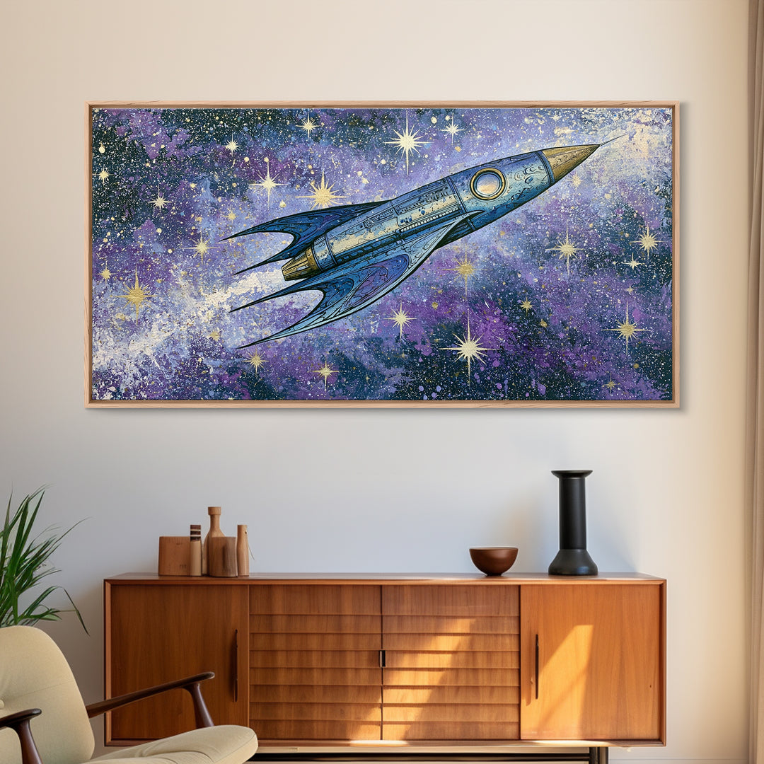 Rocket Ship Crossing a Retro Star Field Canvas Print, Space Art, Art Prints, Spa Decor, Fine Art, Serenity, Abstract Wall Art, SAR-2x1-54