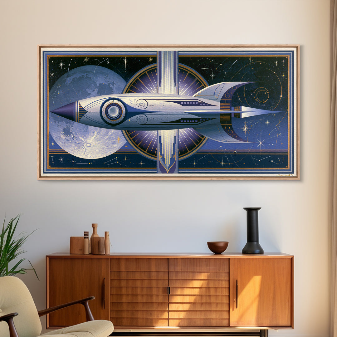 Retro Space Poster Framed Canvas Print, Space Art, Canvas Wall Art, Spa Decor, Fine Art, Serenity, Gallery Decor, Neutral Decor, SAR-2x1-65