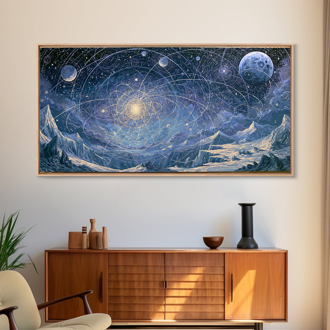 Alien Moonrise over Icy Cliffs Framed Canvas Print, Space Art, Printable Wall Art, Spa Decor, Oil Painting, Serenity, SAR-2x1-90