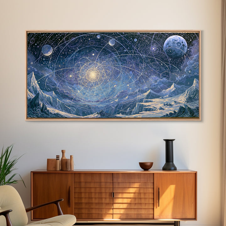 Alien Moonrise over Icy Cliffs Framed Canvas Print, Space Art, Printable Wall Art, Spa Decor, Oil Painting, Serenity, SAR-2x1-90