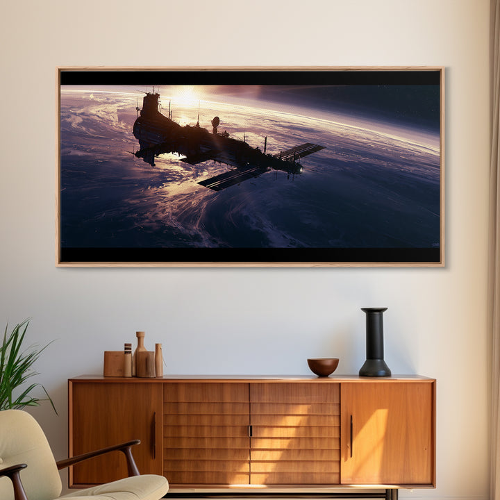 Space Station Silhouetted by Sunrise Framed Canvas Print, Space Art, Digital Wall Art, Spa Decor, Oil Painting, Serenity, SAR-2x1-92