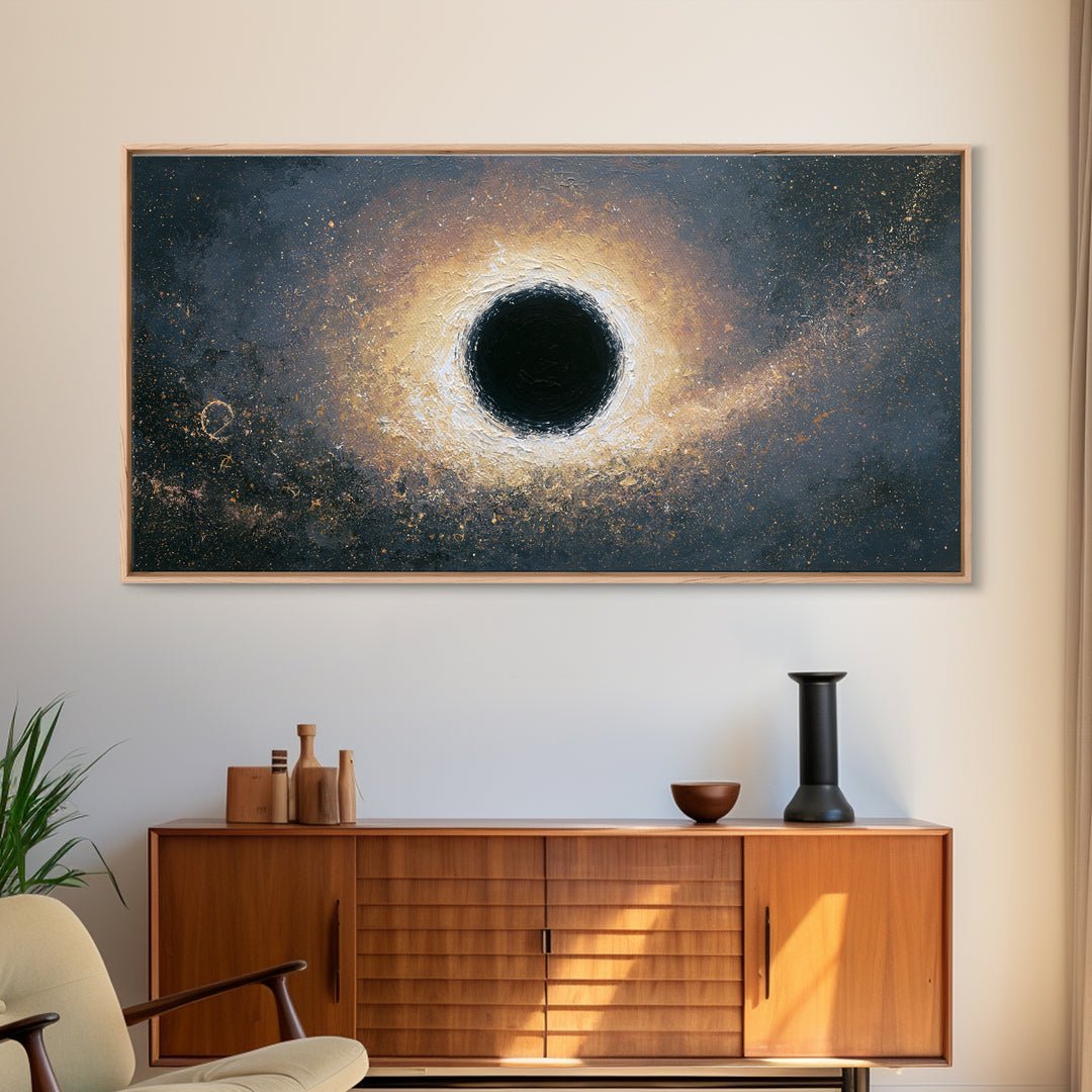 Black Hole with Radiant Accretion Ring Framed Canvas Print, Space Art, Space, Spa Decor, Fine Art, Serenity, Statement Artwork, SAR-2x1-99