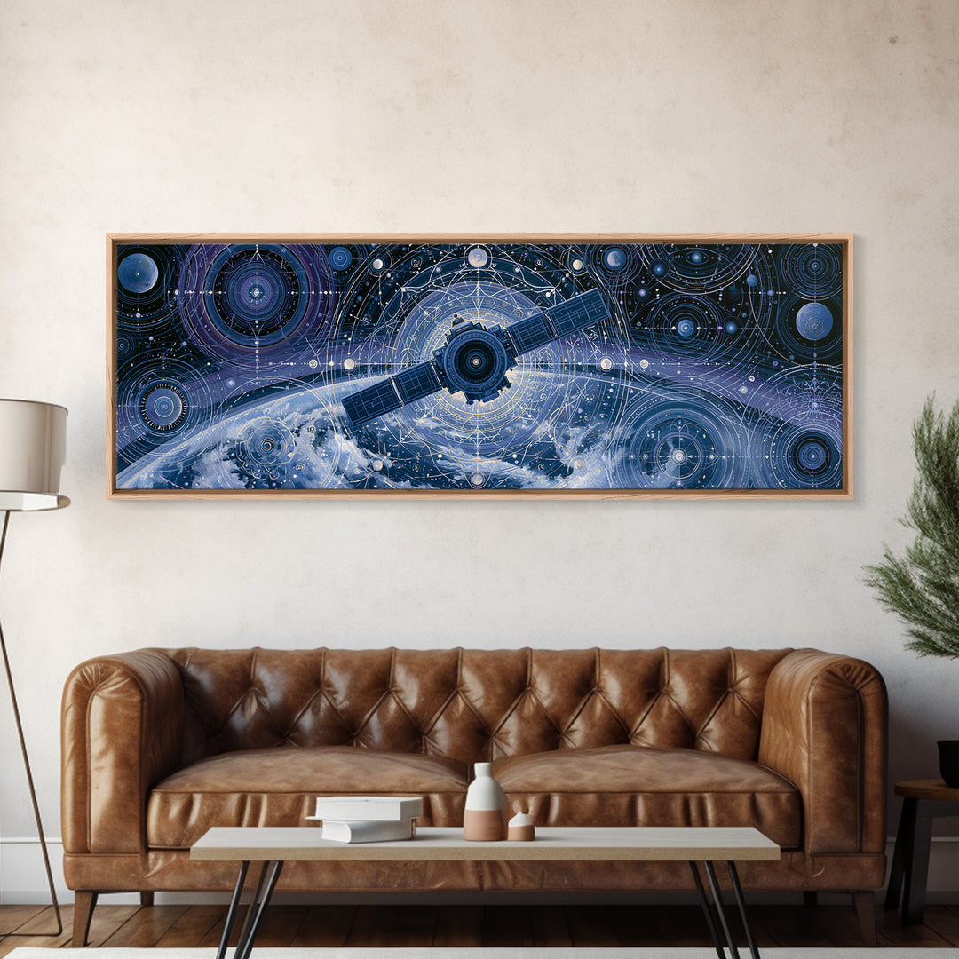 Satellite Orbiting Above Blue Planet Canvas Print, Space Art, Painting, Spa Decor, Abstract Art, Serenity, Canvas Wall Art, SAR-3x1-100