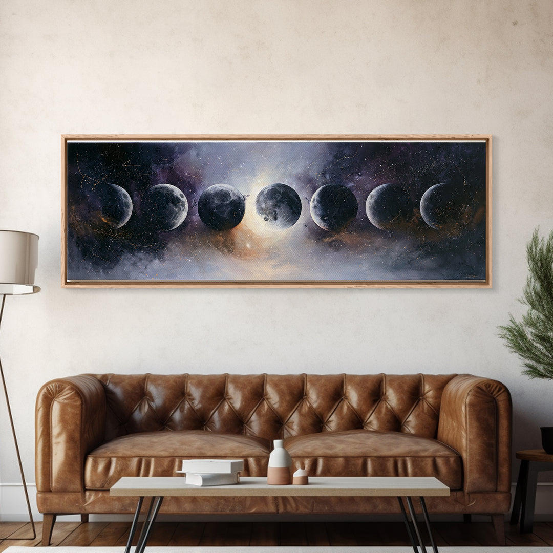 Moon Phases in Elegant Monochrome Framed Canvas Print, Space Art, Statement Artwork, Spa Decor, Fine Art, Serenity, Wall Decor, SAR-3x1-57