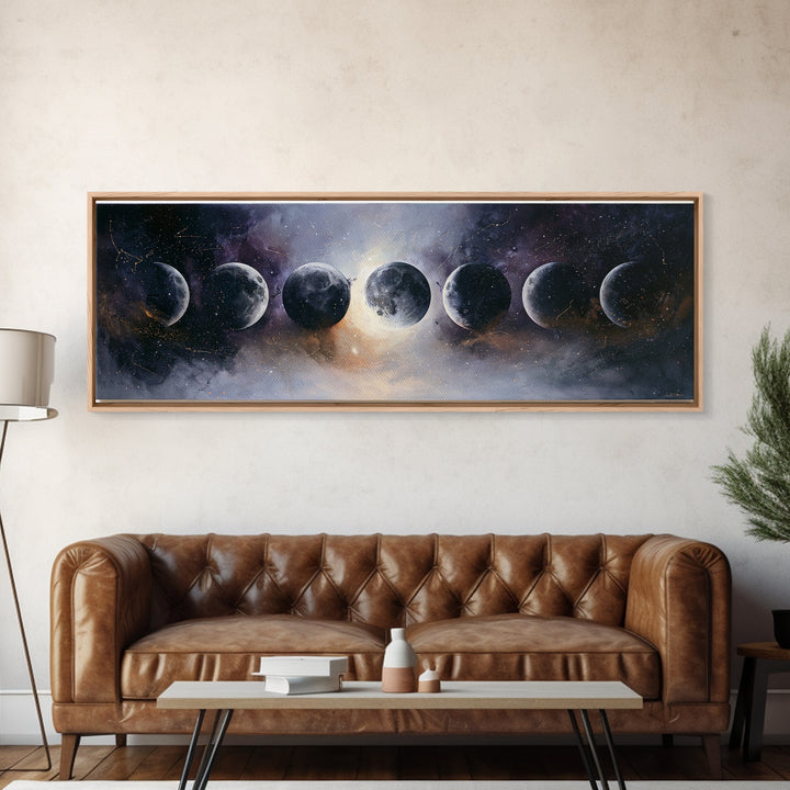 Moon Phases in Elegant Monochrome Framed Canvas Print, Space Art, Statement Artwork, Spa Decor, Fine Art, Serenity, Wall Decor, SAR-3x1-57