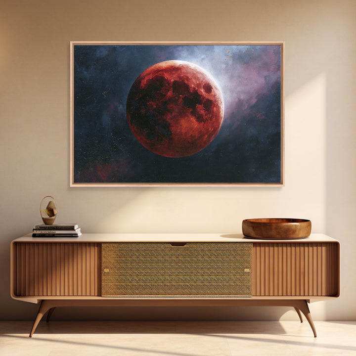 Lunar Eclipse in Deep Red Tones Framed Canvas Print, Space Art, Digital Art, Spa Decor, Fine Art, Serenity, Modern Wall Art, SAR-3x2-39