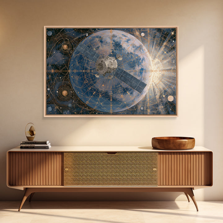 Satellite Orbiting Above Blue Planet Framed Canvas Print, Space Art, Textured Painting, Spa Decor, Oil Painting, Serenity, SAR-3x2-40