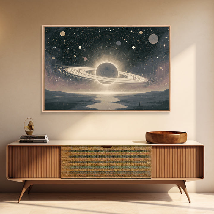 Ringed Planet Rising Framed Canvas Print, Space Art, Space, Spa Decor, Fine Art, Serenity, Statement Artwork, Boho Decor, SAR-3x2-6
