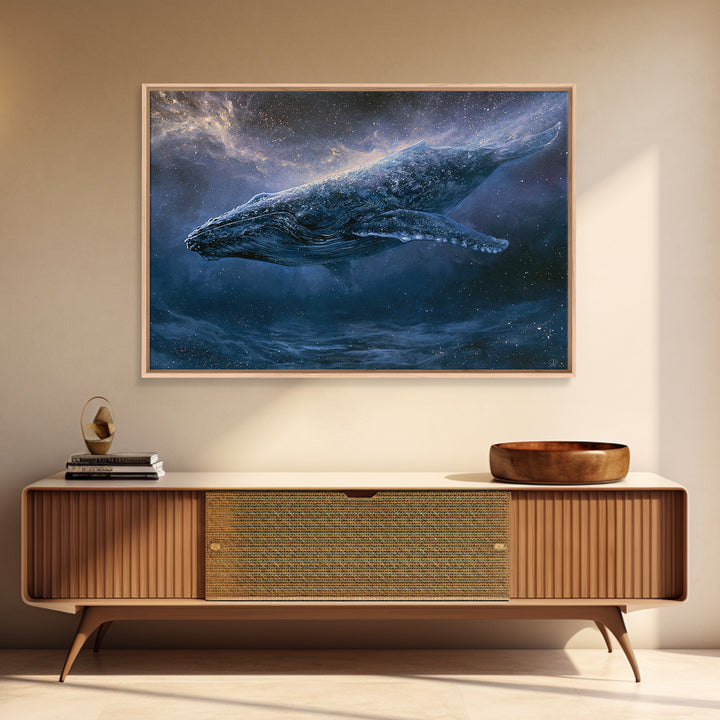 Space Whale Swimming Through Star Dust Framed Canvas Print, Space Art, Posters, Spa Decor, Fine Art, Serenity, Abstract Art, SAR-3x2-60