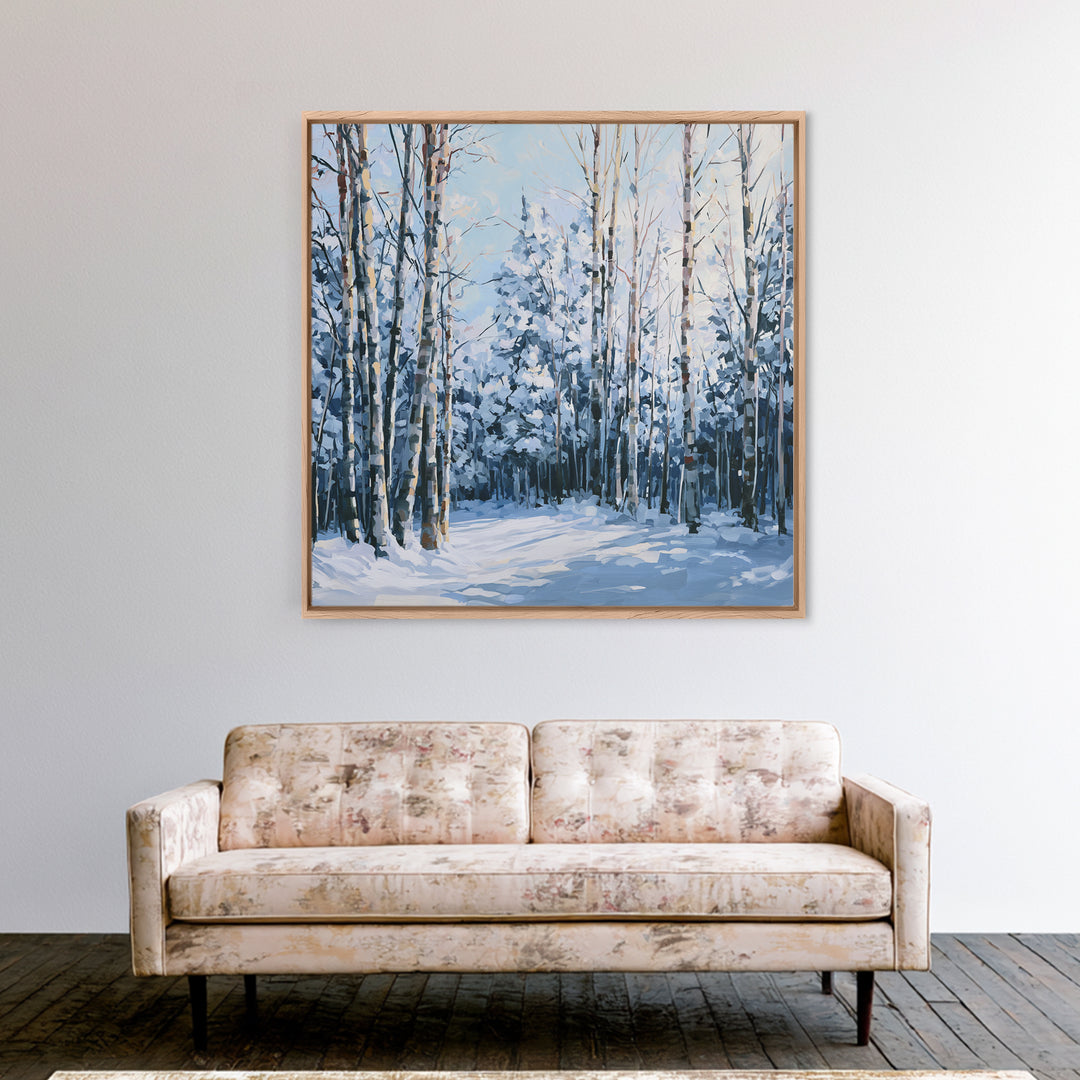 Snowy Nordic Forest Framed Canvas Print, Scandinavian Art, Textured Painting, Living Room Decor, Nordic, Christmas Decor, SCA-1x1-1