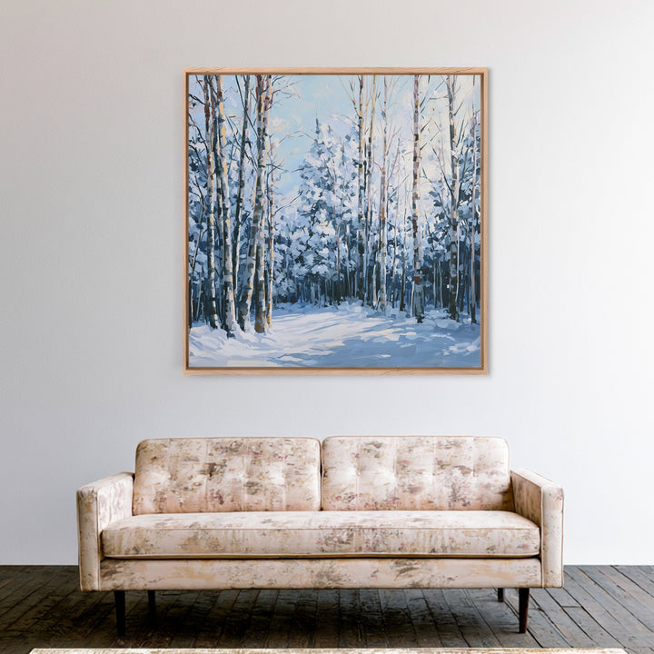 Snowy Nordic Forest Framed Canvas Print, Scandinavian Art, Textured Painting, Living Room Decor, Nordic, Christmas Decor, SCA-1x1-1