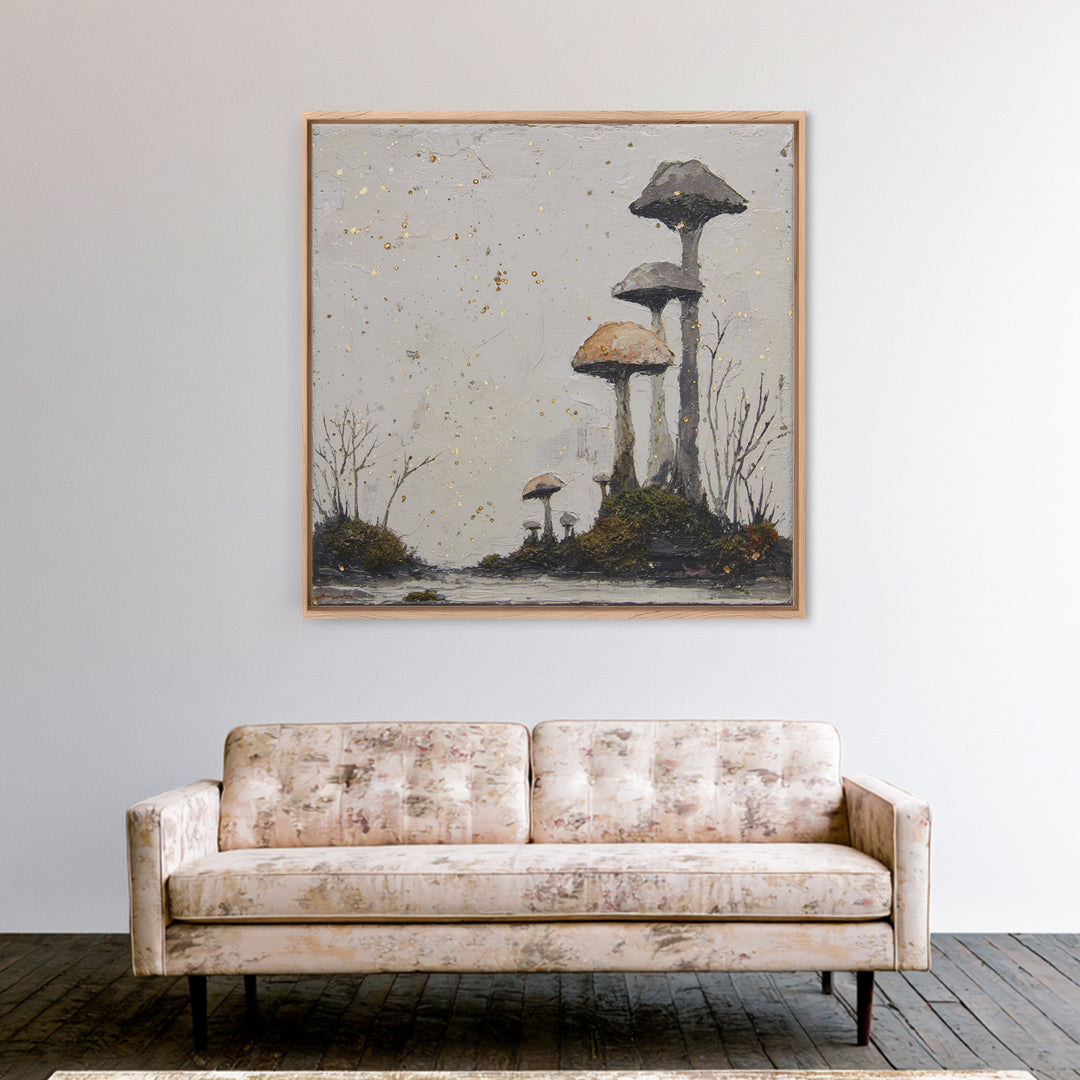 Simple Mushroom and Moss Forest Study Framed Canvas Print, Scandinavian Art, Boho Wall Decor, Living Room Decor, Nordic, SCA-1x1-24
