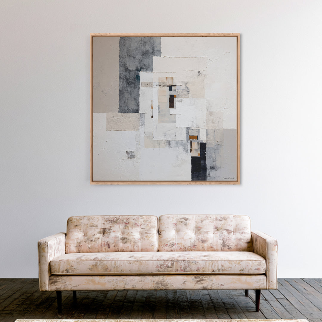 Soft Beige Geometric Abstraction Framed Canvas Print, Scandinavian Art, Abstract Wall Art, Living Room Decor, Fine Art, Nordic, SCA-1x1-27