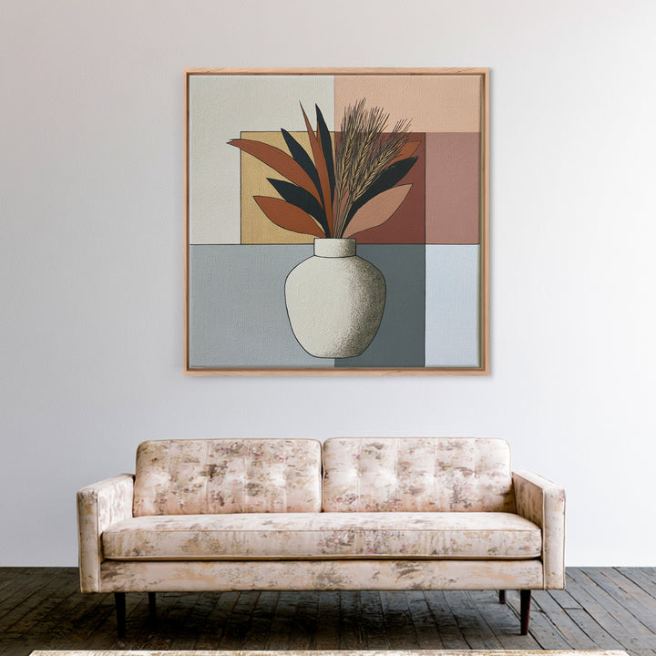 Ceramic Vase with Dried Grasses Framed Canvas Print, Scandinavian Art, Living Room Decor, Oil Painting, Nordic, SCA-1x1-37