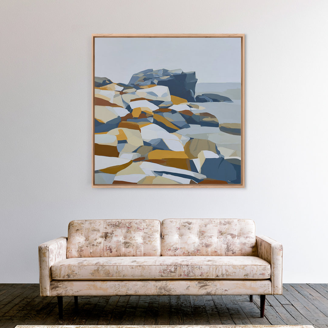 Quiet Coastal Rocks and Gray Sea Framed Canvas Print, Scandinavian Art, Living Room Decor, Fine Art, Nordic, Gallery Decor, SCA-1x1-47