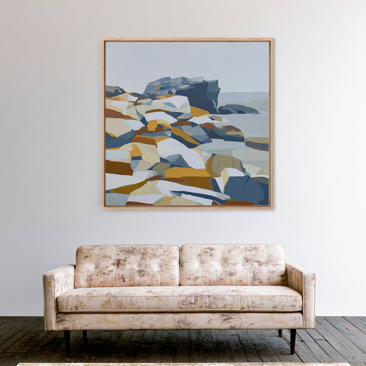 Quiet Coastal Rocks and Gray Sea Framed Canvas Print, Scandinavian Art, Living Room Decor, Fine Art, Nordic, Gallery Decor, SCA-1x1-47