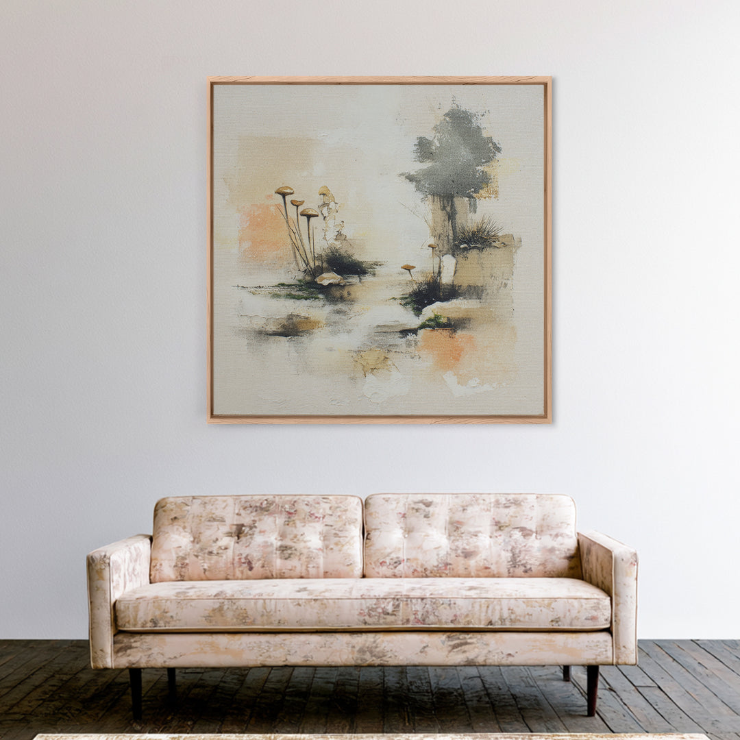 Simple Mushroom and Moss Forest Study Framed Canvas Print, Scandinavian Art, Decor, Living Room Decor, Oil Painting, Nordic, SCA-1x1-48