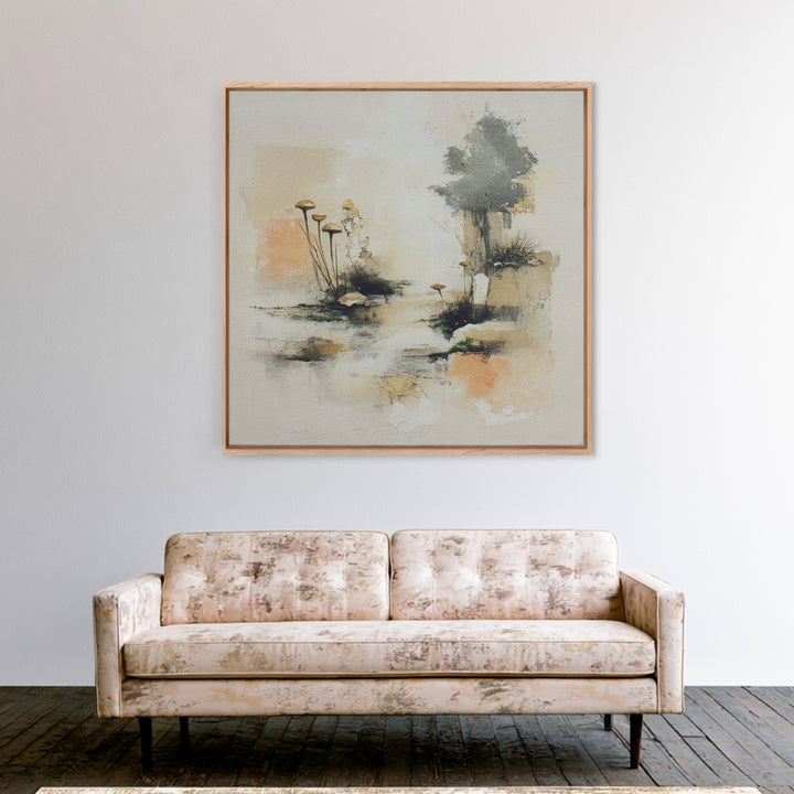Simple Mushroom and Moss Forest Study Framed Canvas Print, Scandinavian Art, Decor, Living Room Decor, Oil Painting, Nordic, SCA-1x1-48