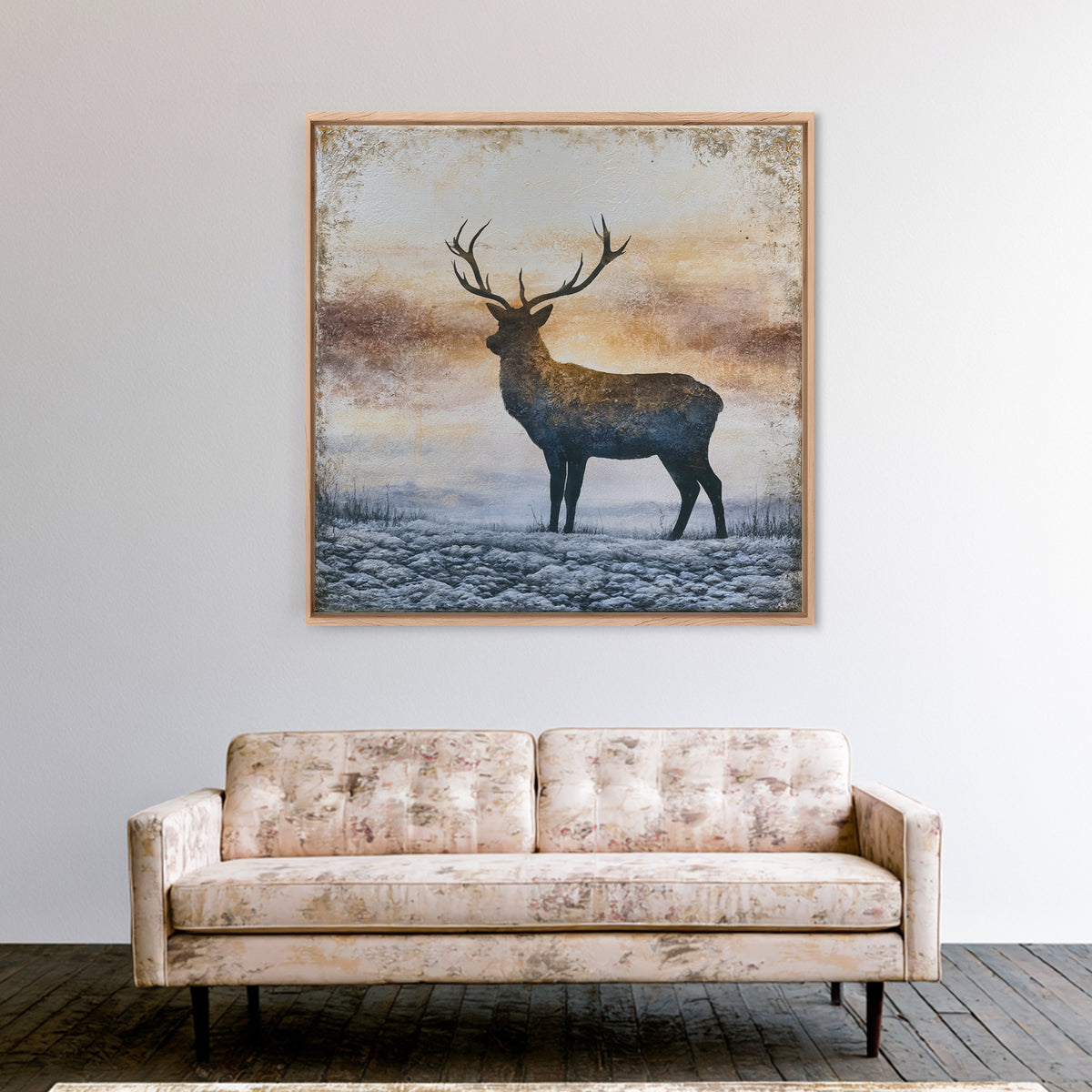 Reindeer Silhouette in Snowy Landscape Framed Canvas Print, Scandinavian Art, Abstract Painting, Living Room Decor, Nordic, SCA-1x1-6