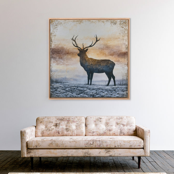 Reindeer Silhouette in Snowy Landscape Framed Canvas Print, Scandinavian Art, Abstract Painting, Living Room Decor, Nordic, SCA-1x1-6