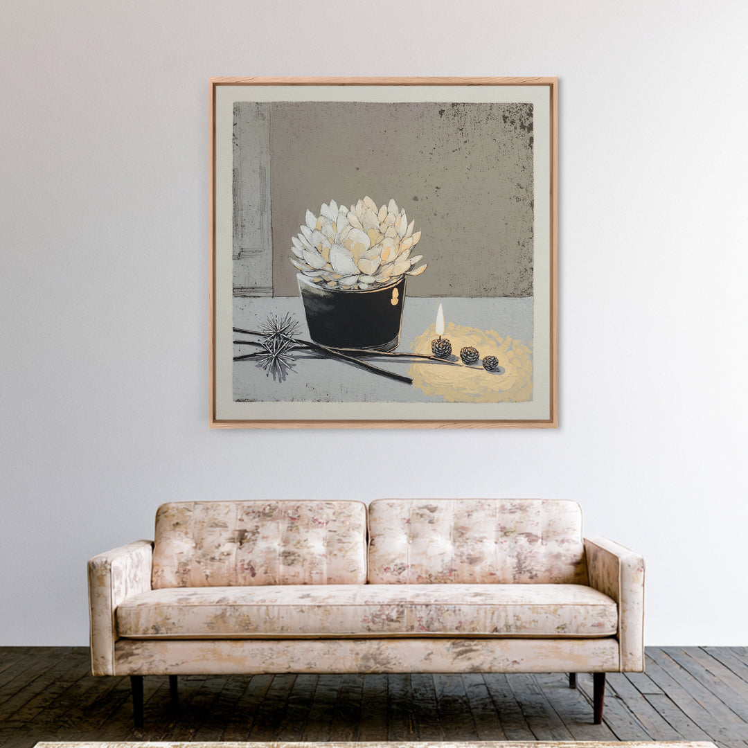 Ceramic Vase with Dried Grasses Framed Canvas Print, Scandinavian Art, Living Room Decor, Oil Painting, Nordic, SCA-1x1-61
