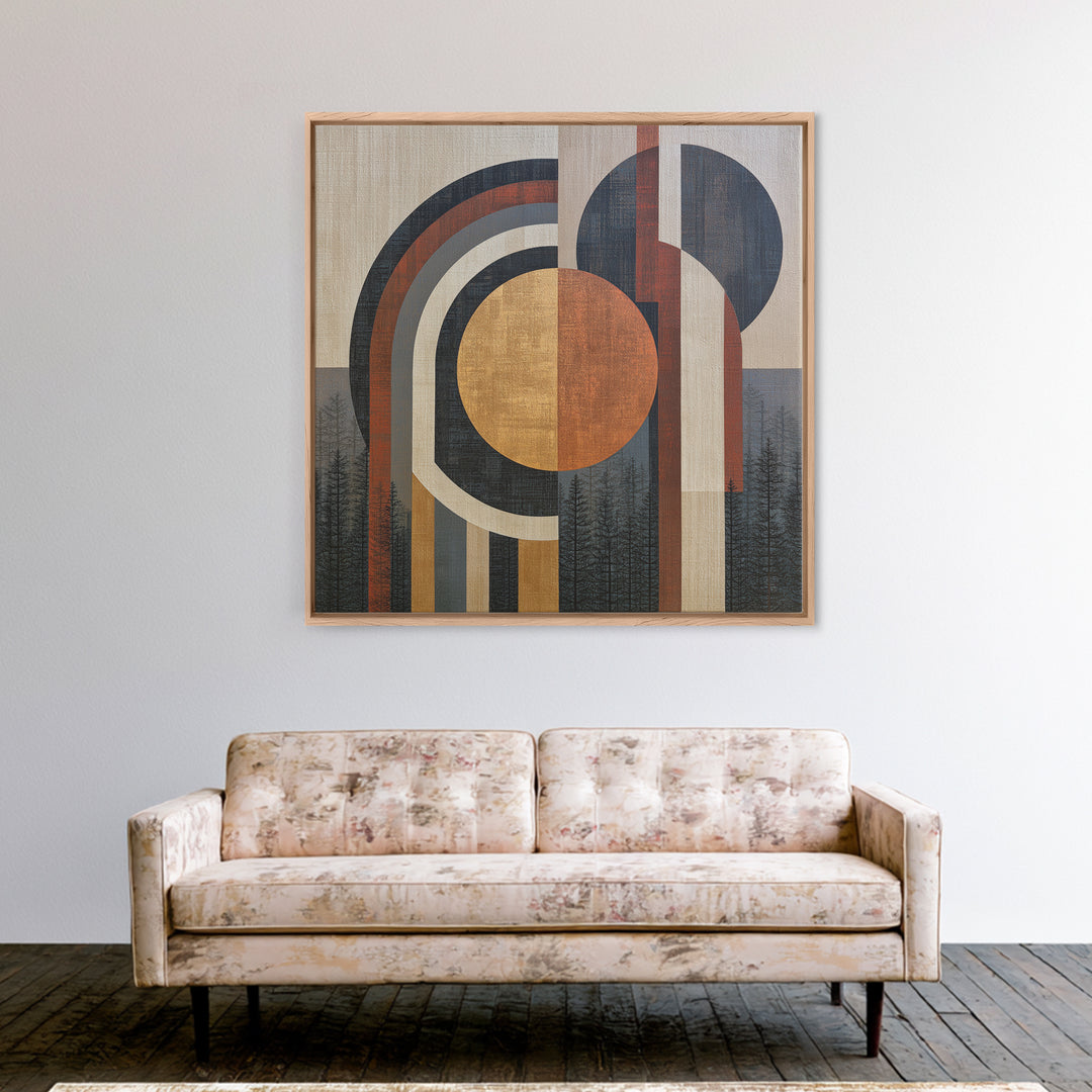 Minimal Sun over Pine Forest Framed Canvas Print, Scandinavian Art, Wall Art, Living Room Decor, Oil Painting, Nordic, SCA-1x1-65