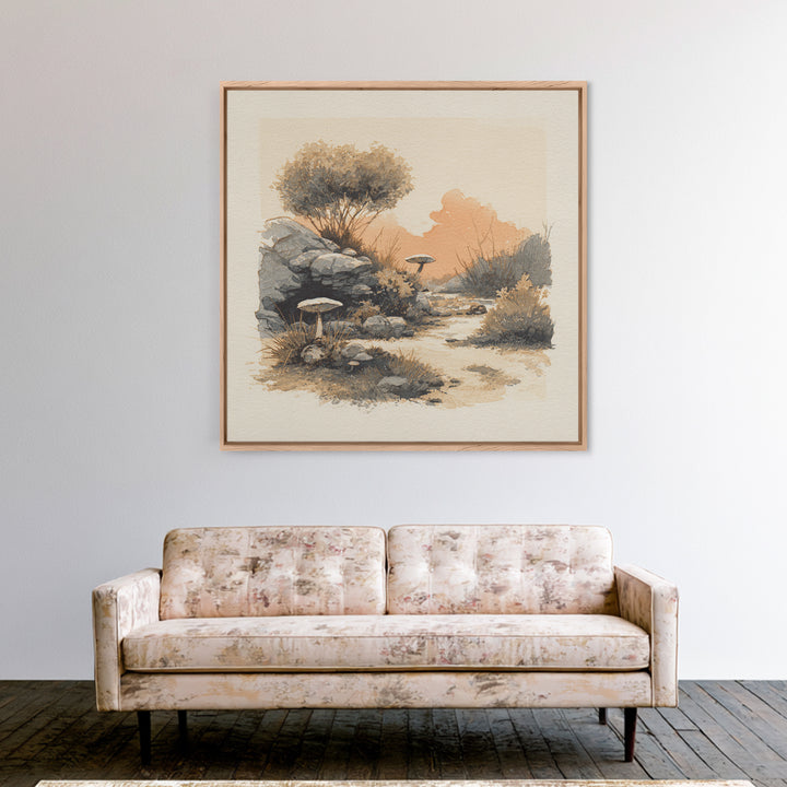 Simple Mushroom and Moss Forest Study Framed Canvas Print, Scandinavian Art, Abstract Painting, Living Room Decor, Nordic, SCA-1x1-72