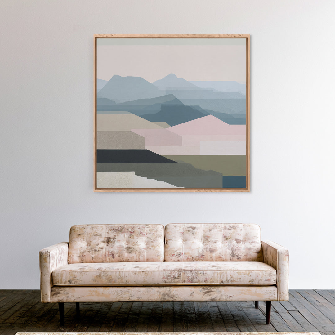 Muted Mountain Layers Framed Canvas Print, Scandinavian Art, Mid Century Modern, Living Room Decor, Oil Painting, Nordic, SCA-1x1-8