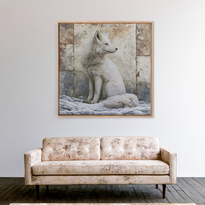 White Fox in Quiet Snow Framed Canvas Print, Scandinavian Art, Living Room Wall Art, Living Room Decor, Abstract Art, Nordic, SCA-1x1-84
