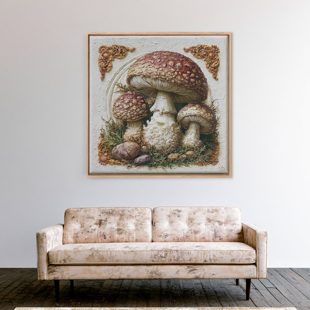 Simple Mushroom and Moss Forest Study Canvas Print, Scandinavian Art, Mid Century Modern, Living Room Decor, Nordic, SCA-1x1-96