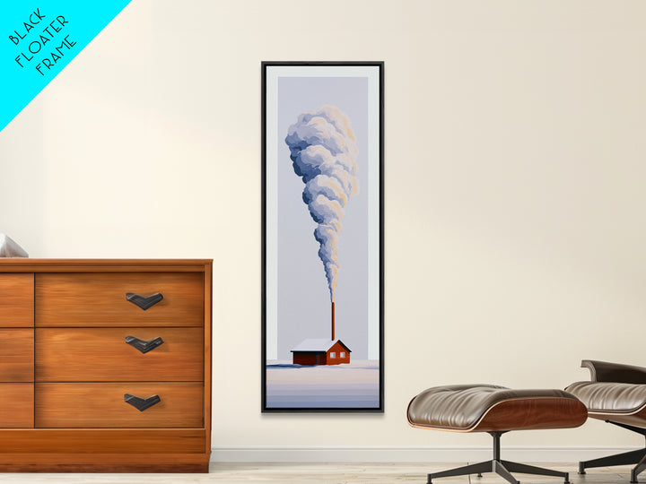 Winter Cabin Smoke Framed Canvas Print, Scandinavian Art, Fine Art Print, Living Room Decor, Oil Painting, Nordic, Printable, SCA-1x3-54