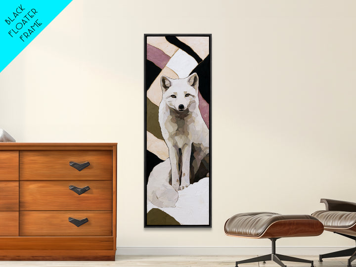 White Fox in Quiet Snow Framed Canvas Print, Scandinavian Art, Statement Artwork, Living Room Decor, Abstract Art, Nordic, SCA-1x3-96
