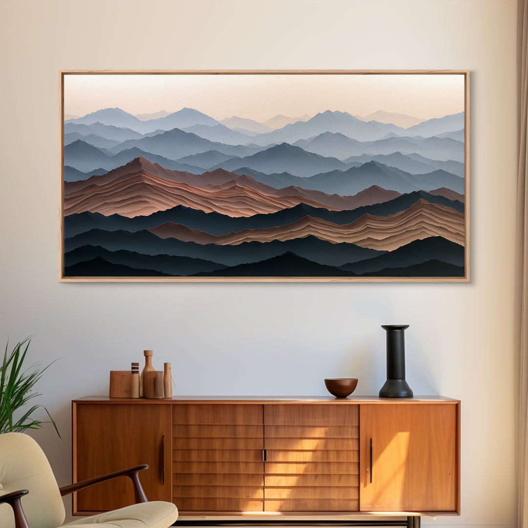 Muted Mountain Layers Framed Canvas Print, Scandinavian Art, Boho Wall Decor, Living Room Decor, Oil Painting, Nordic, SCA-2x1-100