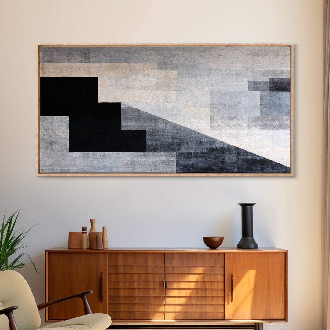 Herringbone Monochrome Pattern Framed Canvas Print, Scandinavian Art, Wall Art, Living Room Decor, Fine Art, Nordic, SCA-2x1-18