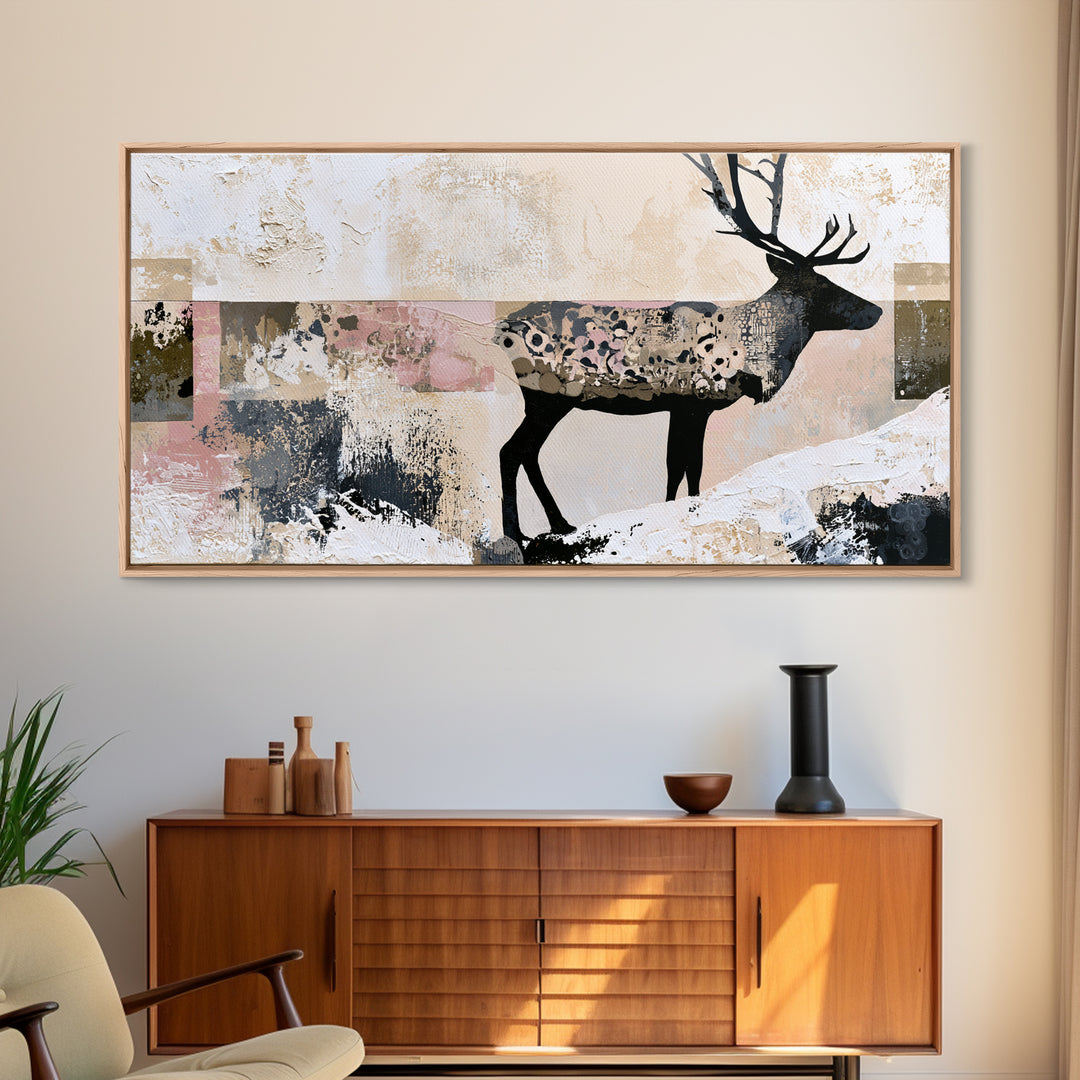 Reindeer Silhouette in Snowy Landscape Canvas Print, Scandinavian Art, Art, Living Room Decor, Fine Art, Nordic, Abstract Art, SCA-2x1-2