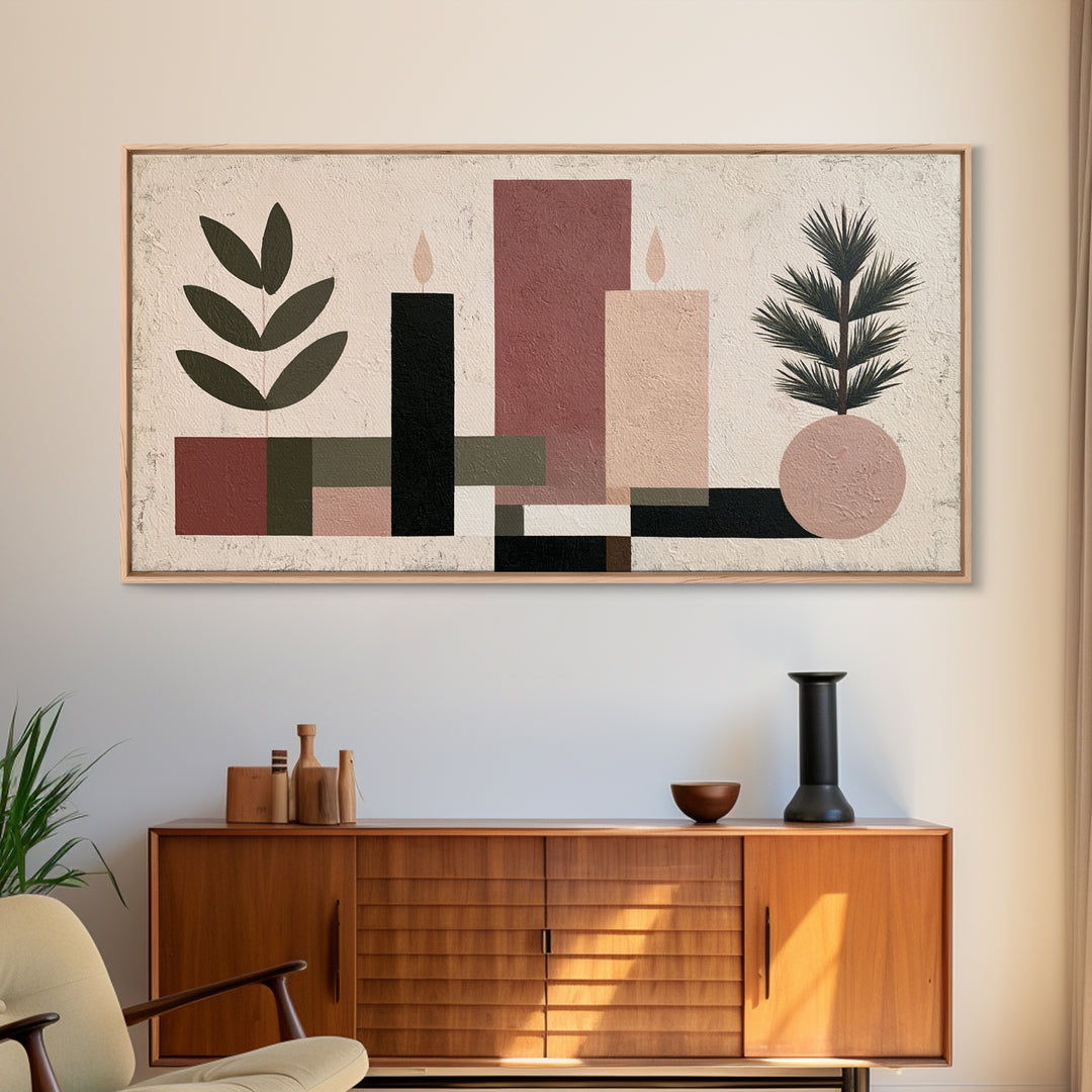 Hygge Candle and Pine Branch Still Life Framed Canvas Print, Scandinavian Art, Living Room Decor, Oil Painting, Nordic, SCA-2x1-24