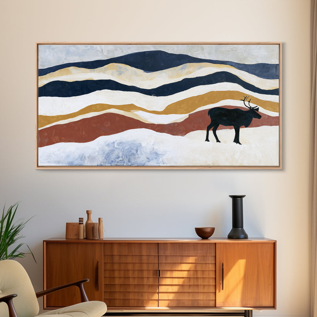 Reindeer Silhouette in Snowy Landscape Canvas Print, Scandinavian Art, Art, Living Room Decor, Fine Art, Nordic, Abstract Art, SCA-2x1-26