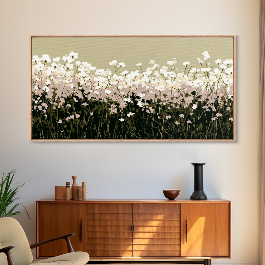 Minimal Meadow Flowers Framed Canvas Print, Scandinavian Art, Wall Decor, Living Room Decor, Oil Painting, Nordic, Canvas Art, SCA-2x1-30