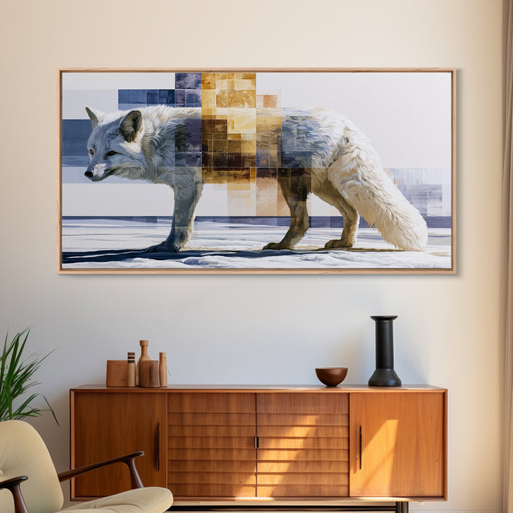 White Fox in Quiet Snow Canvas Print, Scandinavian Art, Home Decor, Living Room Decor, Oil Painting, Nordic, Wall Hanging, SCA-2x1-32