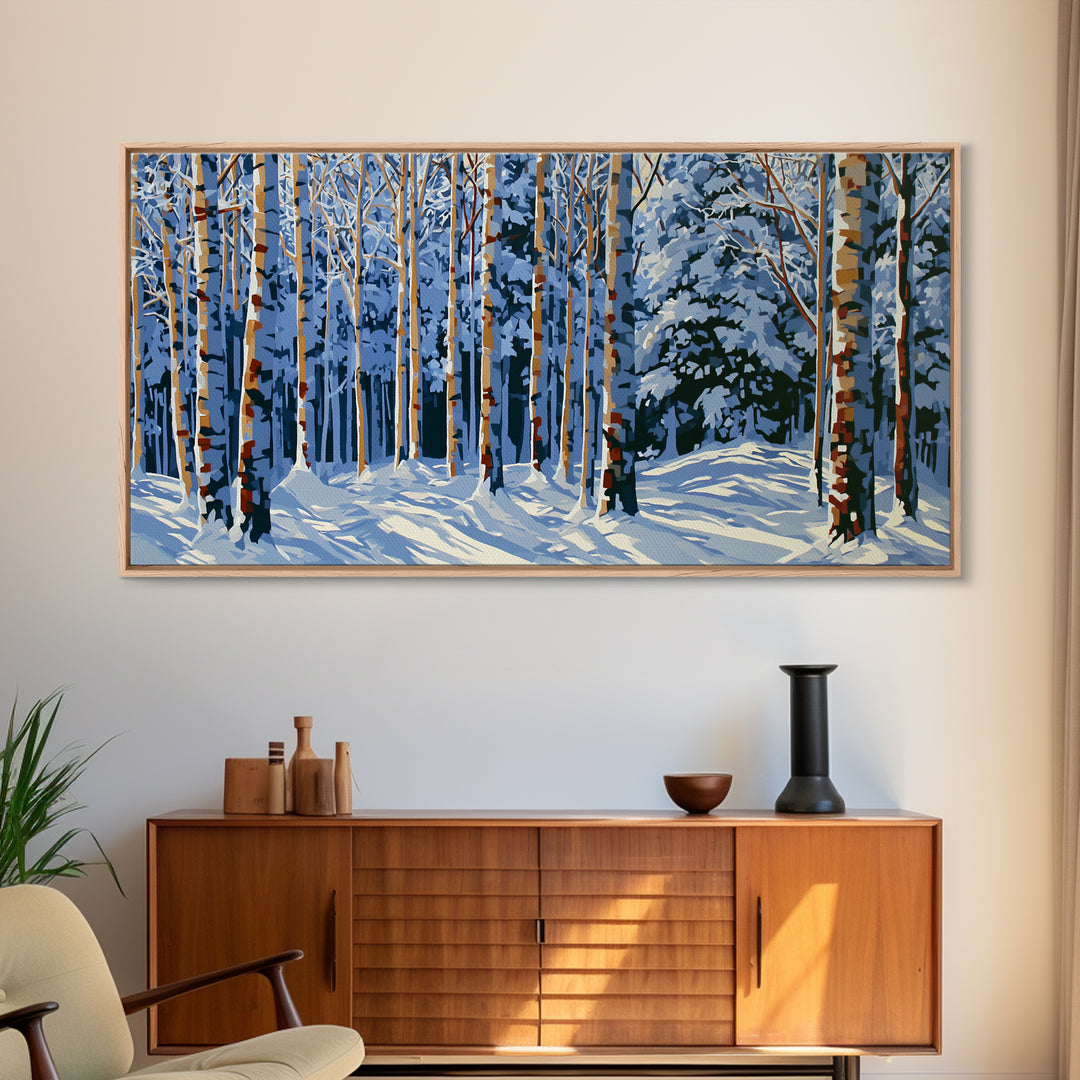 Snowy Nordic Forest Framed Canvas Print, Scandinavian Art, Abstract Wall Art, Living Room Decor, Oil Painting, Nordic, SCA-2x1-45