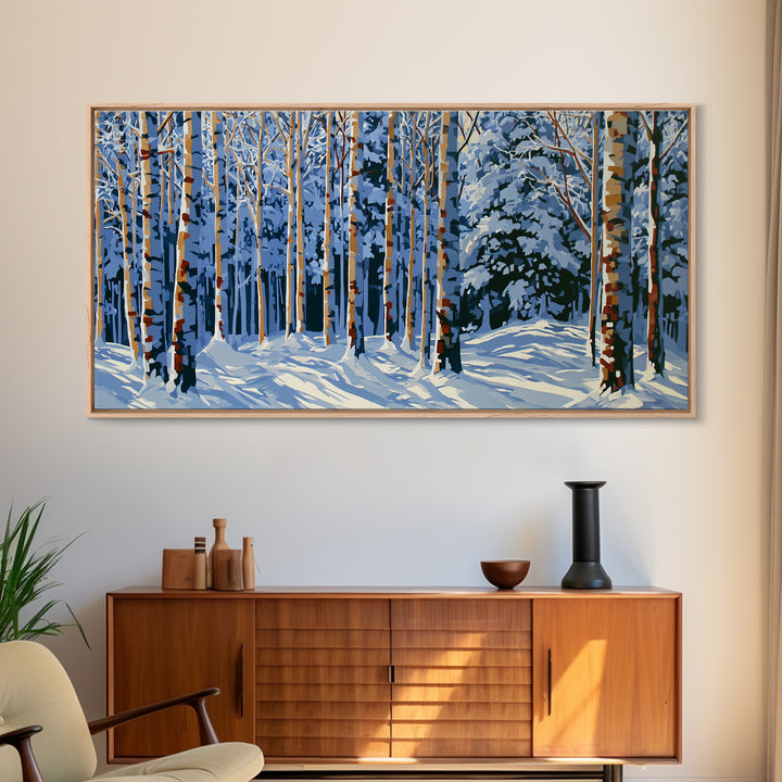 Snowy Nordic Forest Framed Canvas Print, Scandinavian Art, Abstract Wall Art, Living Room Decor, Oil Painting, Nordic, SCA-2x1-45
