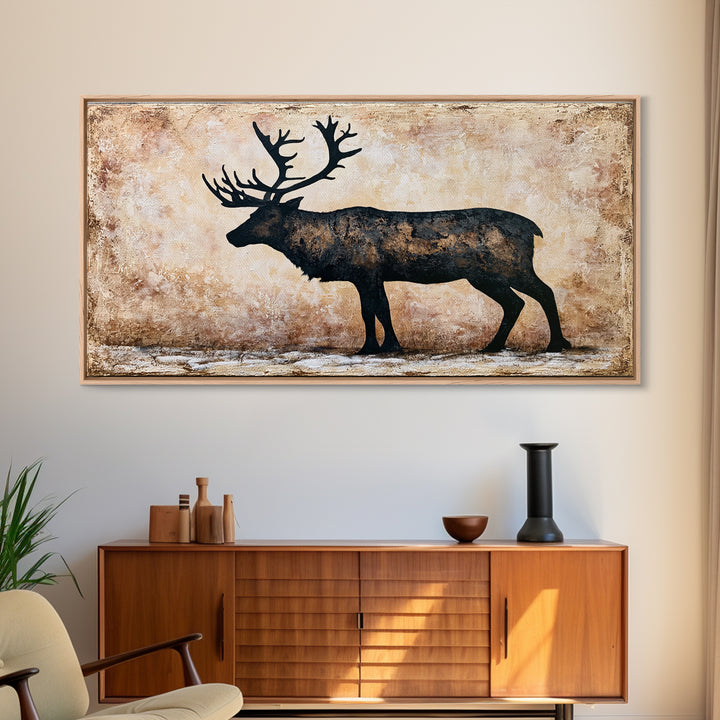 Reindeer Silhouette in Snowy Landscape Canvas Print, Scandinavian Art, Mid Century Modern, Living Room Decor, Nordic, SCA-2x1-50